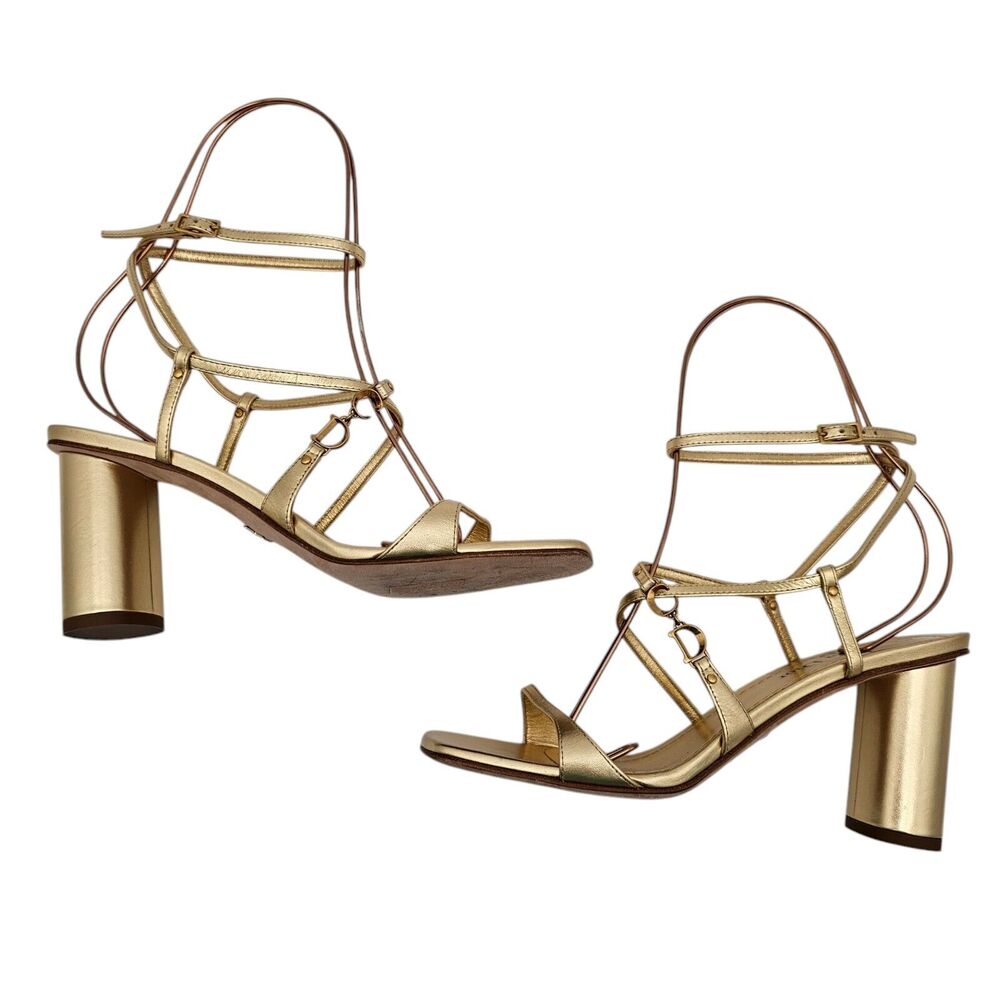 Christian Dior CD C'est Dior Heeled Sandal Size 37 US 7 Gold Metallic Strappy - Picture 8 of 12